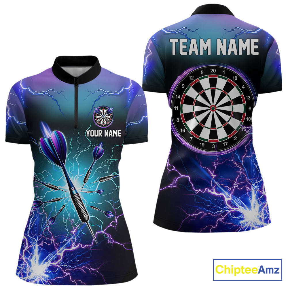 Purple Thunder Lightning 3D Darts Quarter Zip Shirt Womens Dart Shirts Custom Dart Jerseys LDT1243