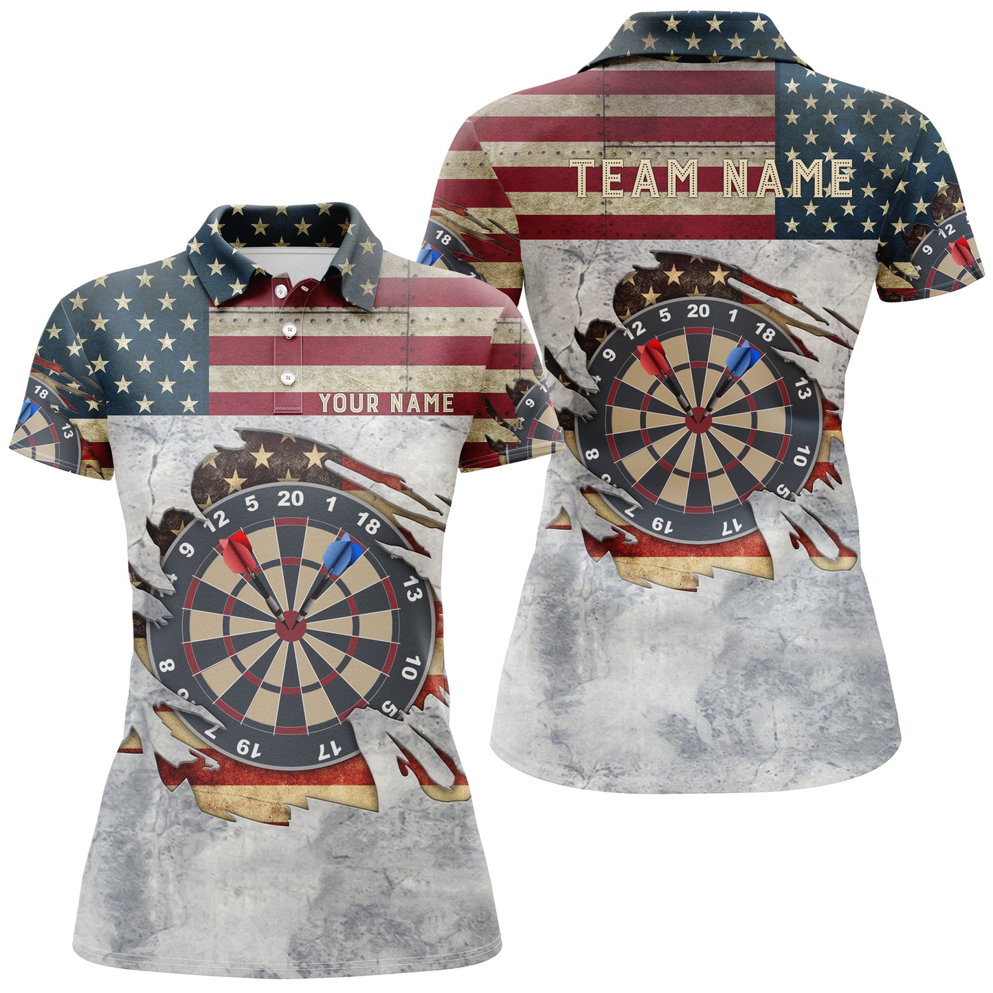 Retro American Flag Darts Polo Shirt Custom Name Patriotic Darts Jerseys For Women LDT0319
