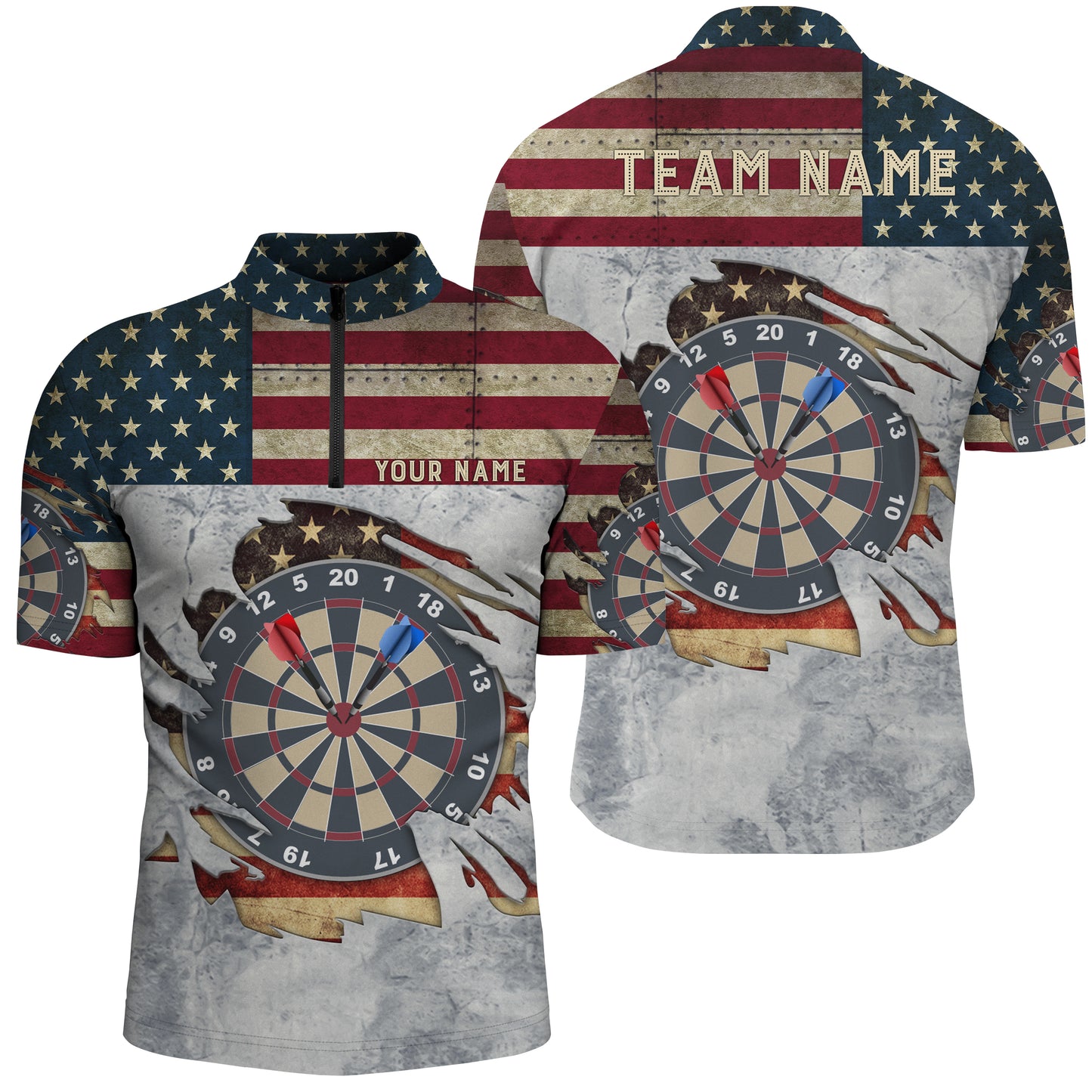 Retro American Flag Darts Quarter Zip Shirt Custom Name Patriotic Darts Jerseys For Men LDT0319