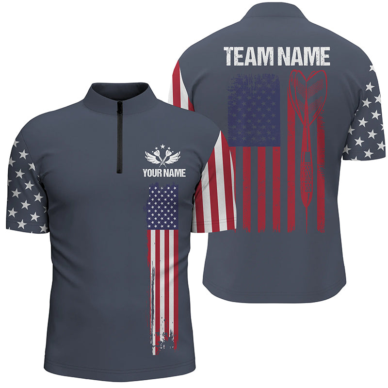 Navy American Flag Darts Quarter Zip Shirt Custom Patriotic Dart Shirts For Men Dart Jersey LDT0652