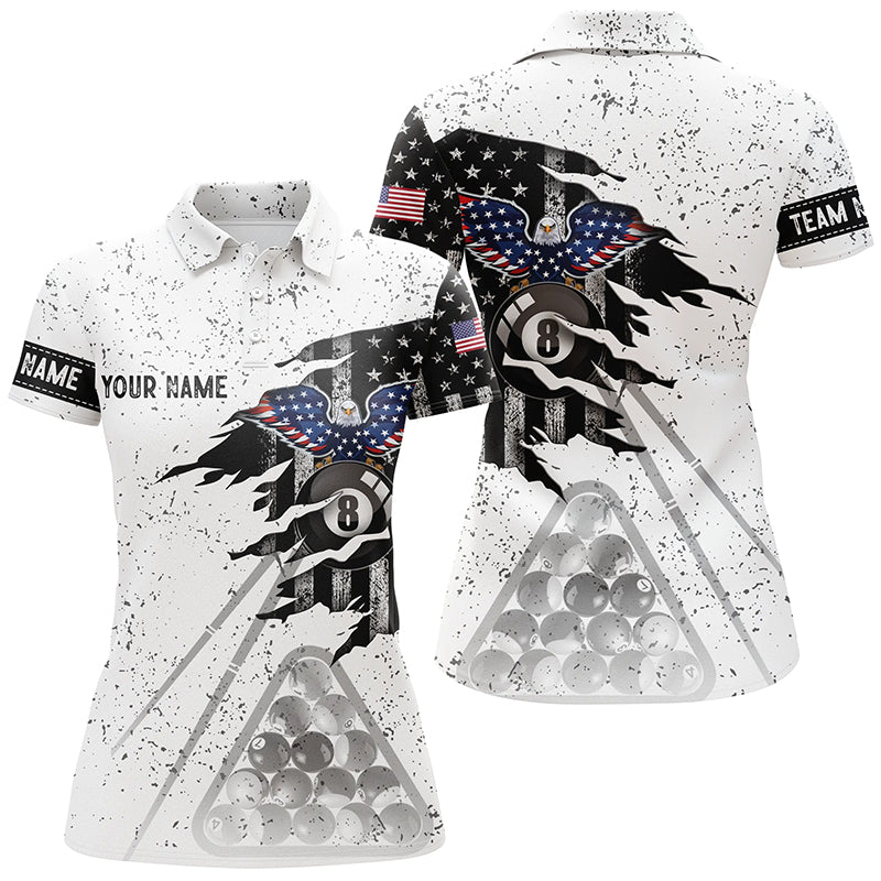 Personalized Eagle US Flag Billiard Black White Grunge 3D Polo Shirts For Women, Billiards Jerseys VHM0357