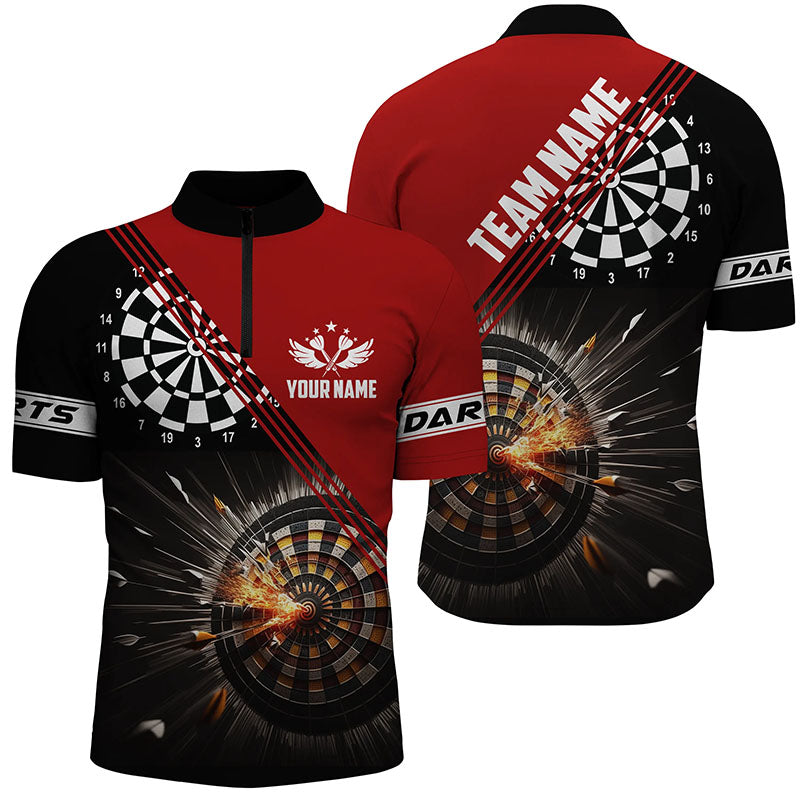 Black Red Darts Fire Personalized Mens Quarter Zip Shirt Custom Dart Jerseys For Men LDT0995