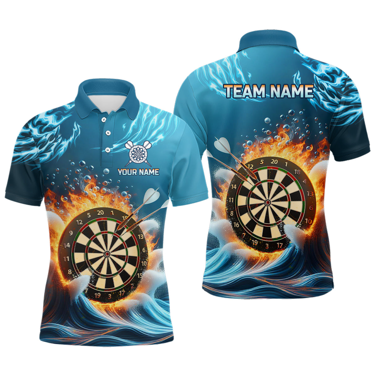 Fire And Water Blue Mens Darts Polo Shirt Custom Darts Shirt For Men Dart Team Jerseys LDT1427