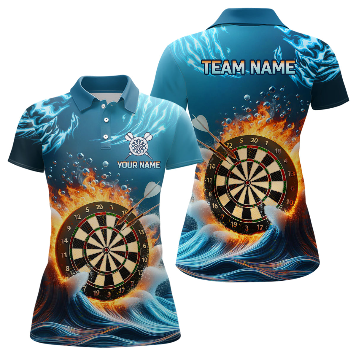 Fire And Water Blue Womens Darts Polo Shirt Custom Darts Shirt For Women Dart Jerseys LDT1427