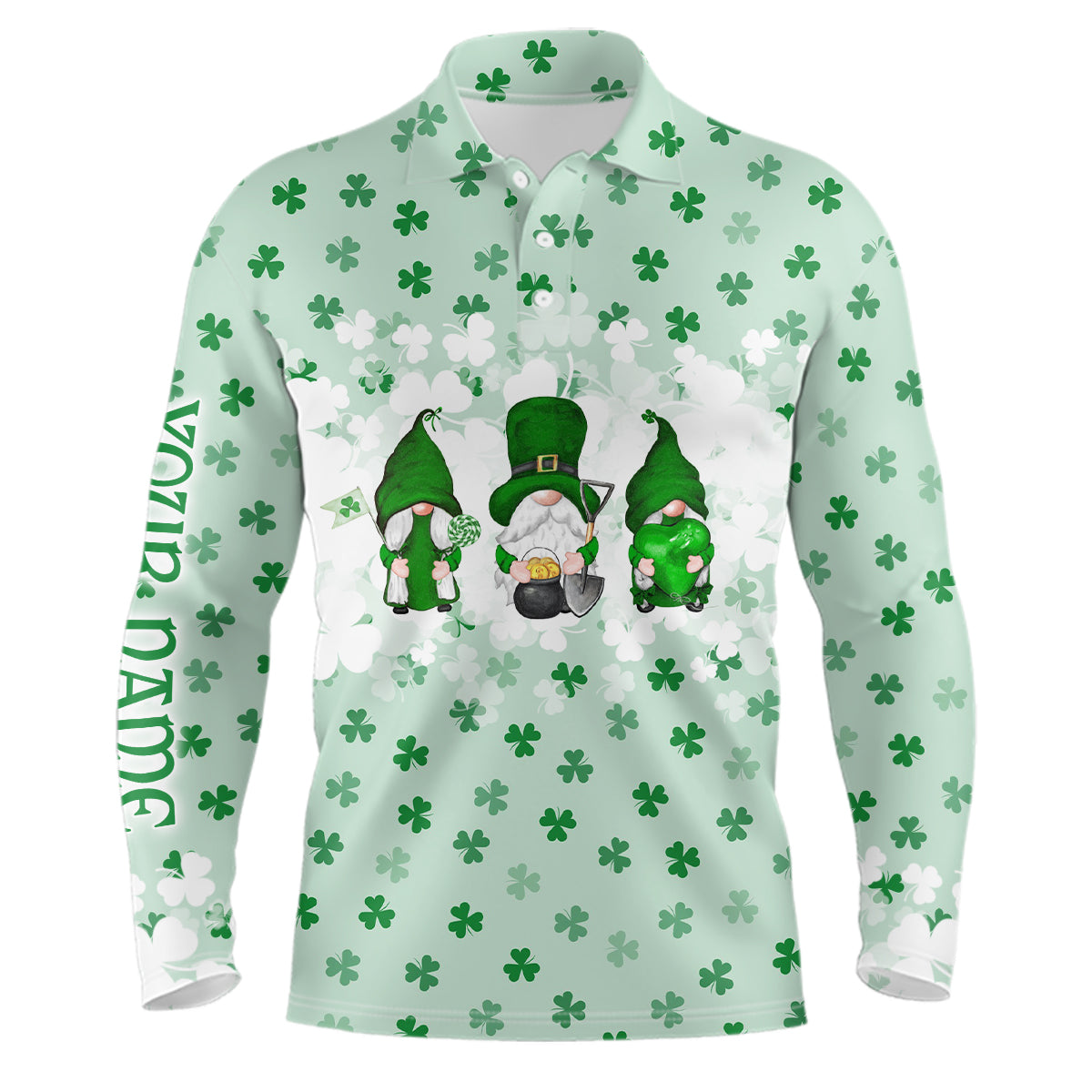 St. Patrick's Day Watercolor Gnomes On Green Clover Mens Golf Polo Shirts Funny Golf Shirts For Men LDT1020