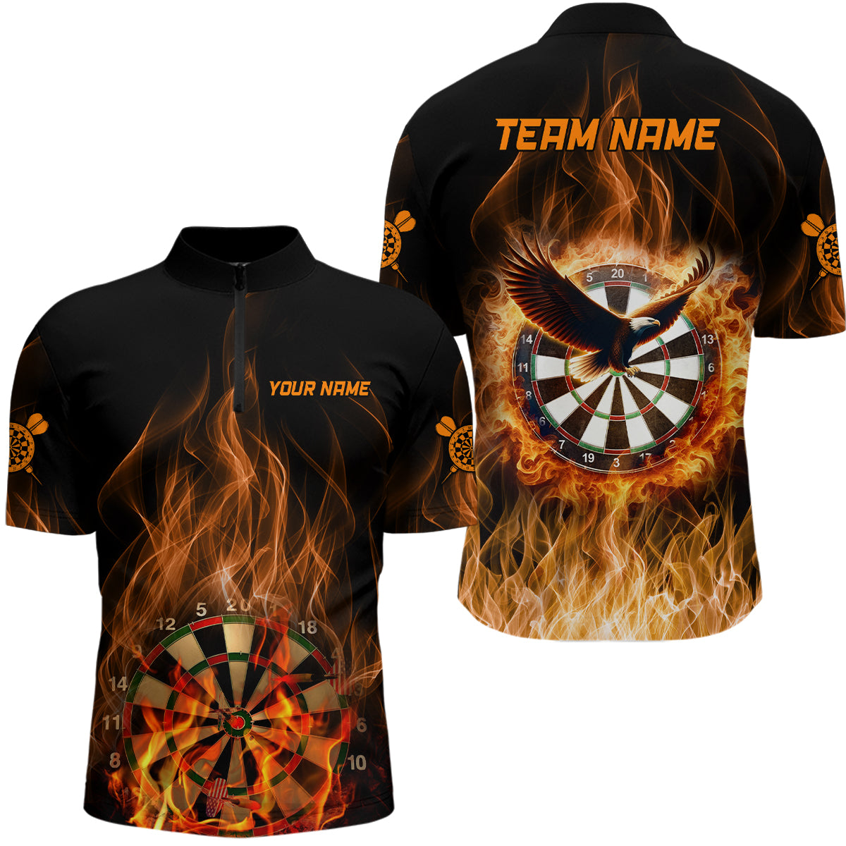 Orange Fire Flame Eagle Darts Quarter Zip Shirt Custom Dart Shirts For Men Dart Jerseys LDT1446