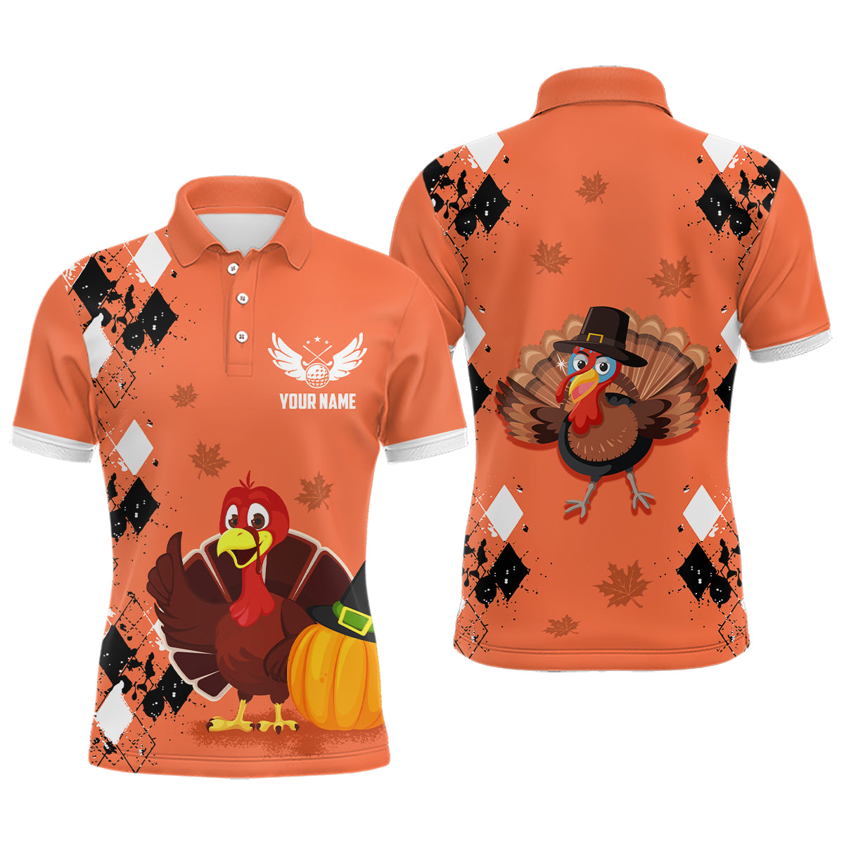 Turkey Bird Thanksgiving Golf Mens Polo Shirt Argyle Orange Custom Men Golf Tops Cool Golf Gifts LDT0839