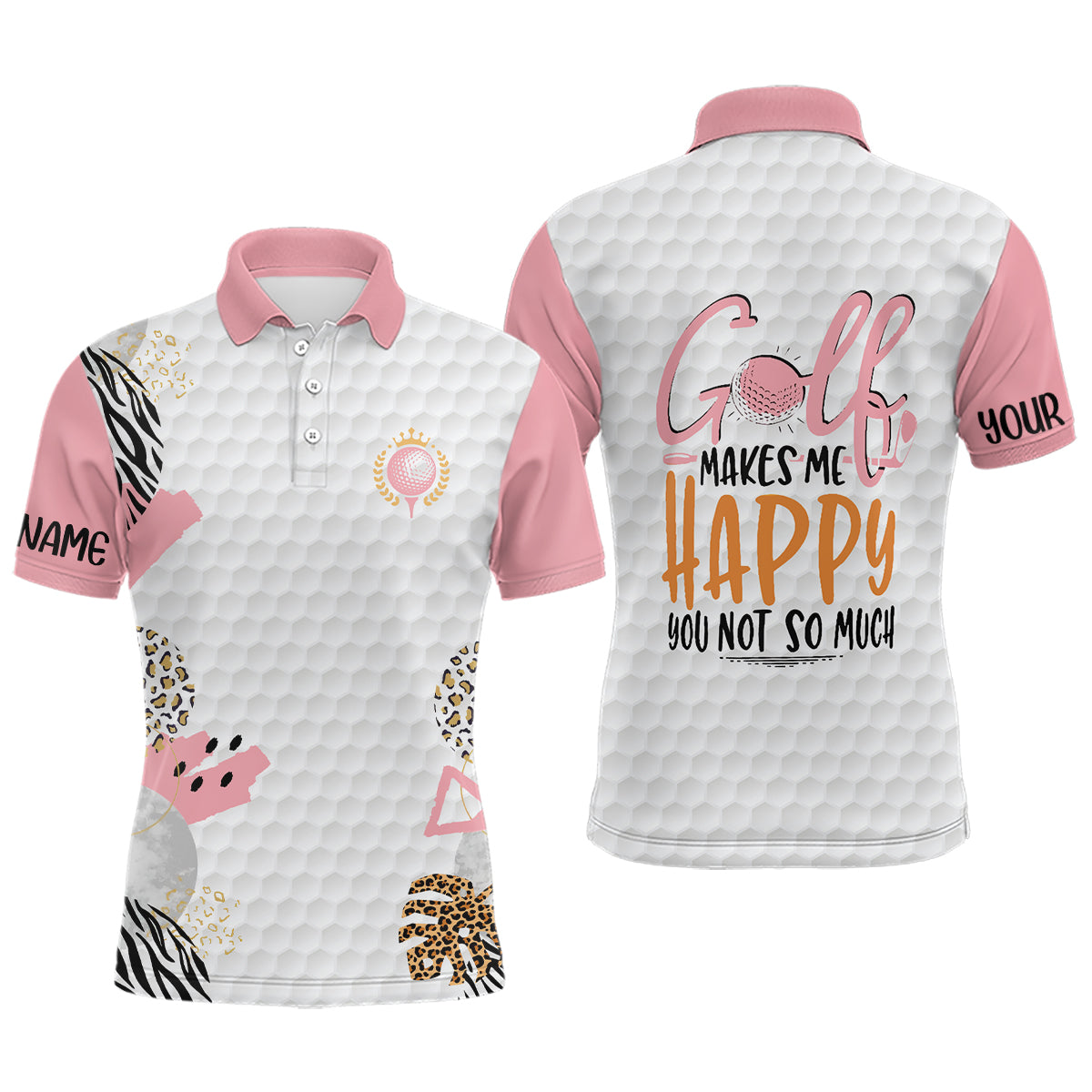 Golf Makes Me Happy Pink White Mens Golf Polo Shirt Custom Leopard Pattern Cute Golf Tops For Men LDT0892