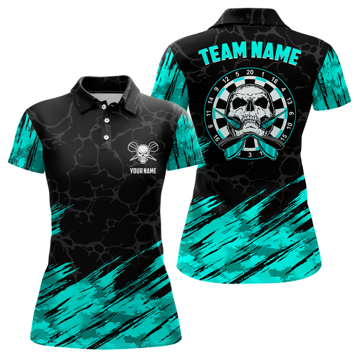 Personalized All Over Print Skull Darts Polo Shirt Turquoise Black Women Dart Jerseys LDT0903