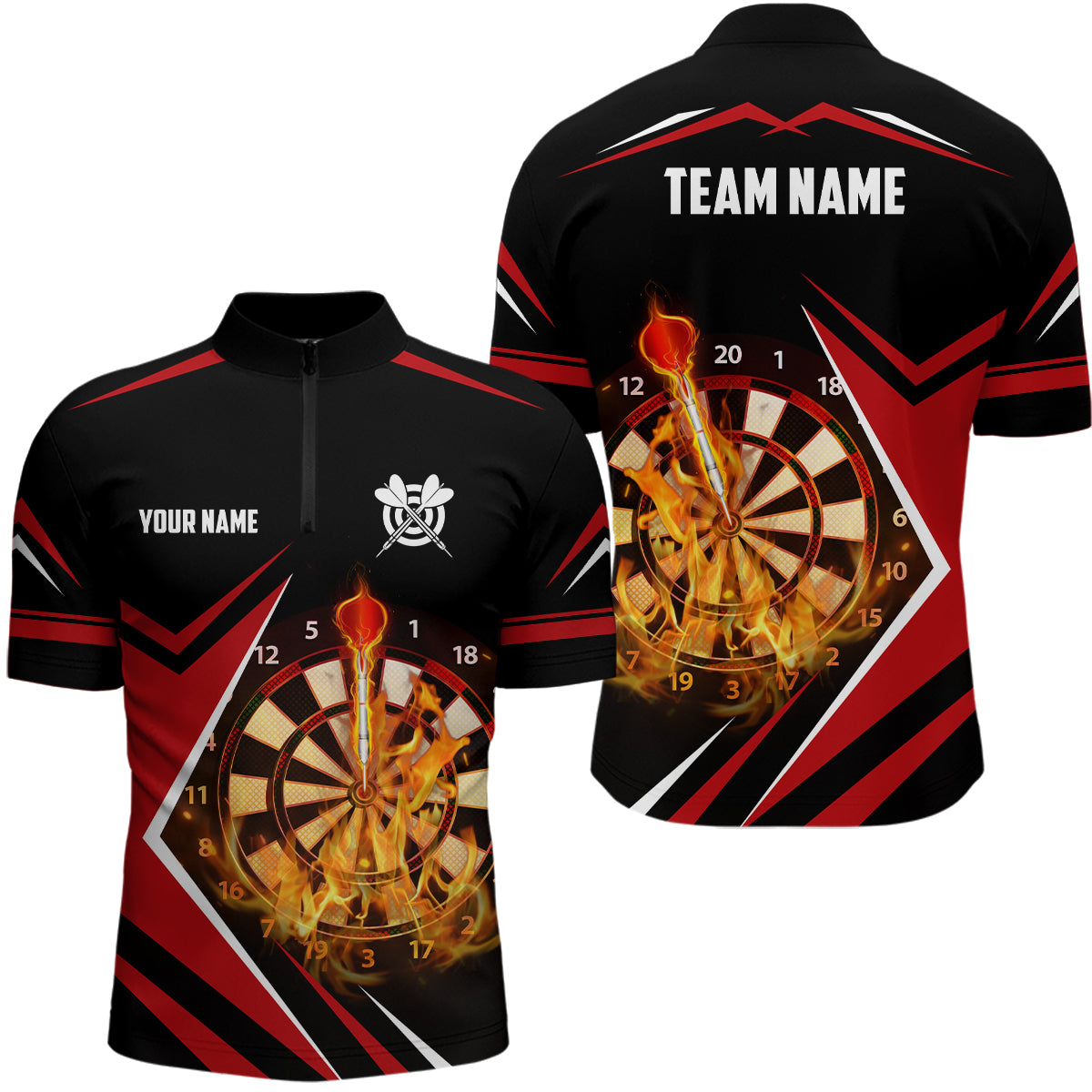 Black Red Fire Flame Darts Quarter Zip Shirt Custom Darts Shirt For Men Dart Jerseys LDT1388