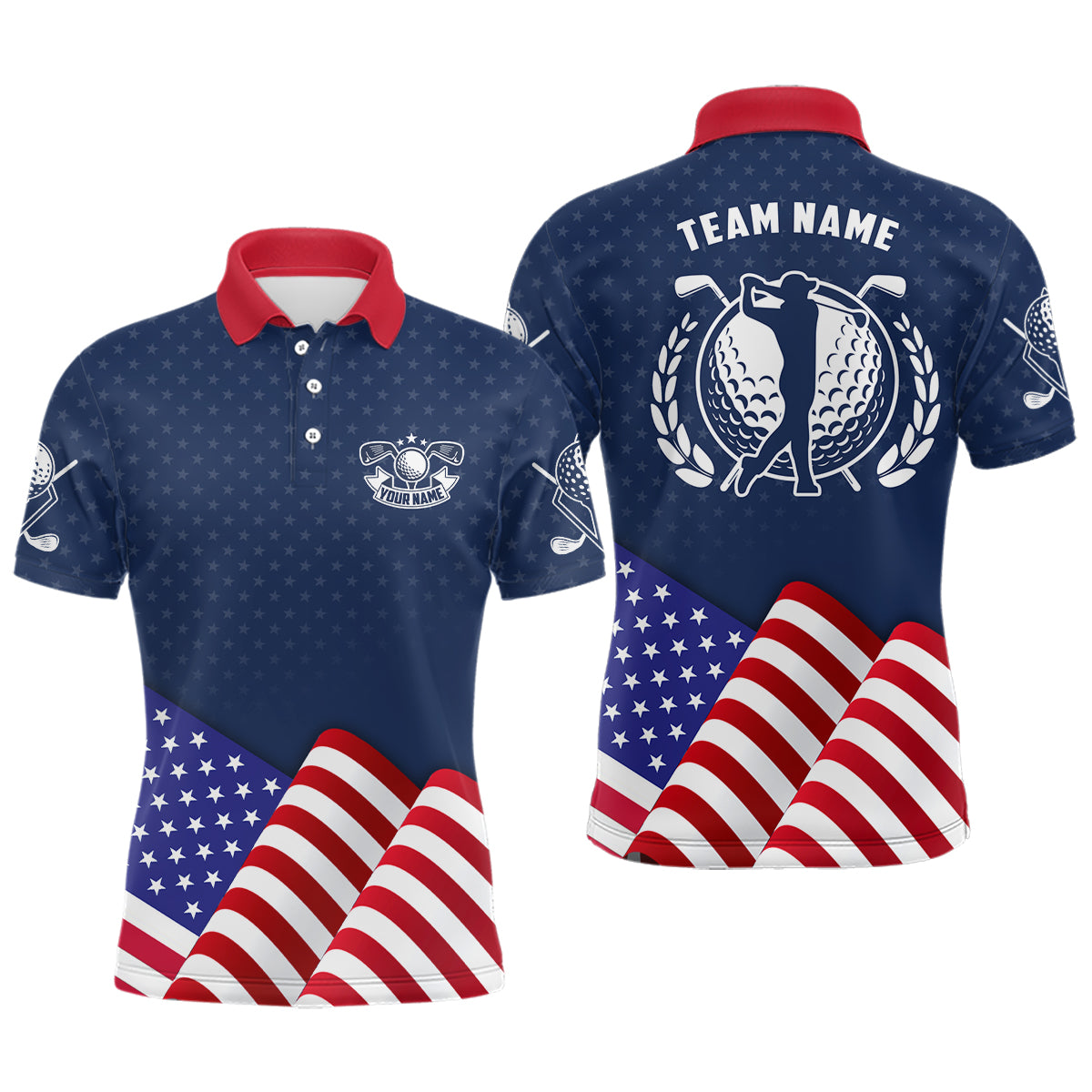 Customized Mens Golf Polo Shirts With Waving American Flag, Patriotic Us Golf Shirts For Men LDT0189