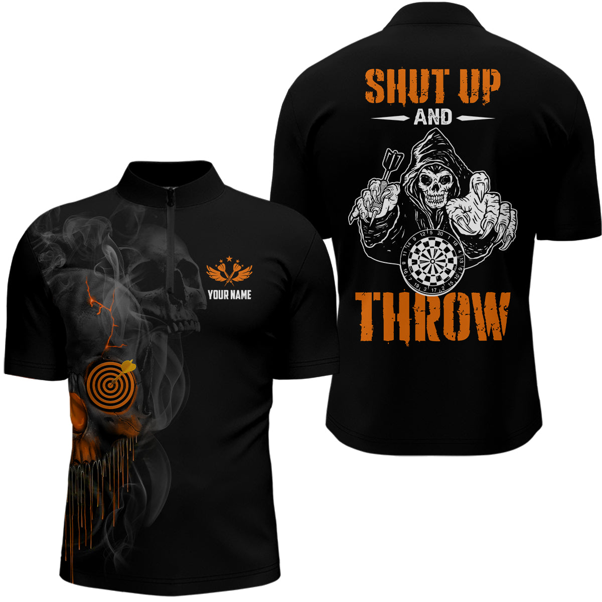 Mens Skull Darts Quarter Zip Shirt Halloween Orange Darts Shirt For Men Dart Jerseys LDT0491
