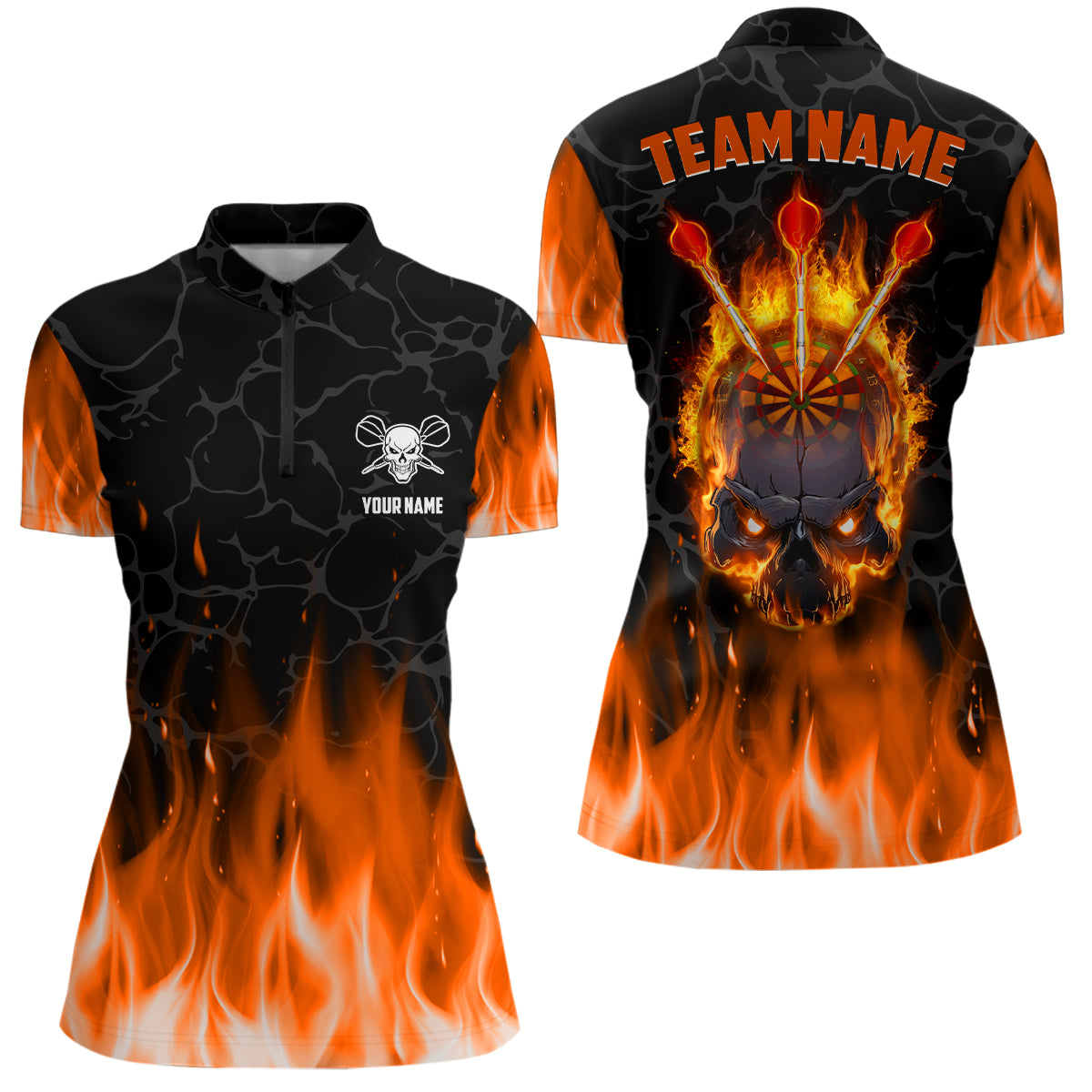Orange Flame Skull Darts Quarter Zip Shirt Custom Scary Darts Shirt For Women Dart Jerseys LDT1421