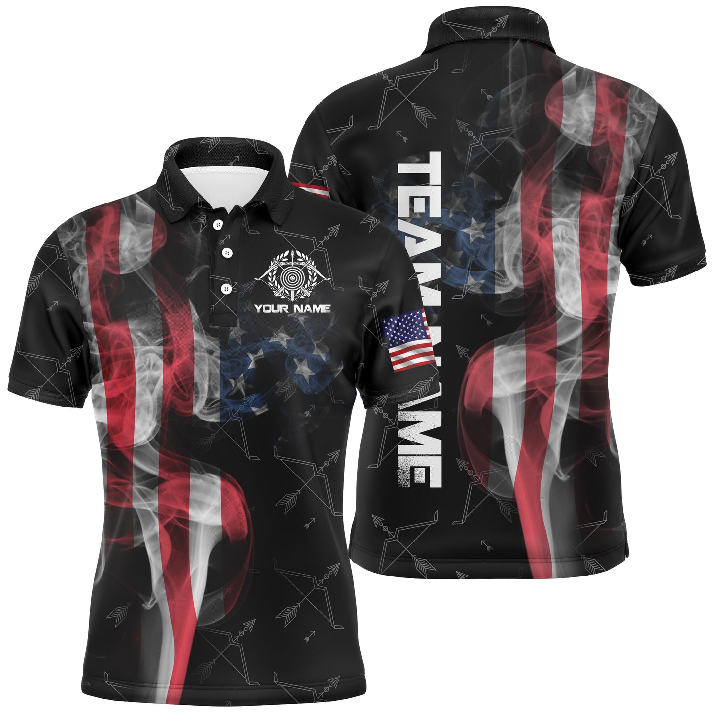 Personalized Vintage Smoke US Flag Archery Polo Shirts For Men, Archery Bows Pattern Jerseys VHM0795
