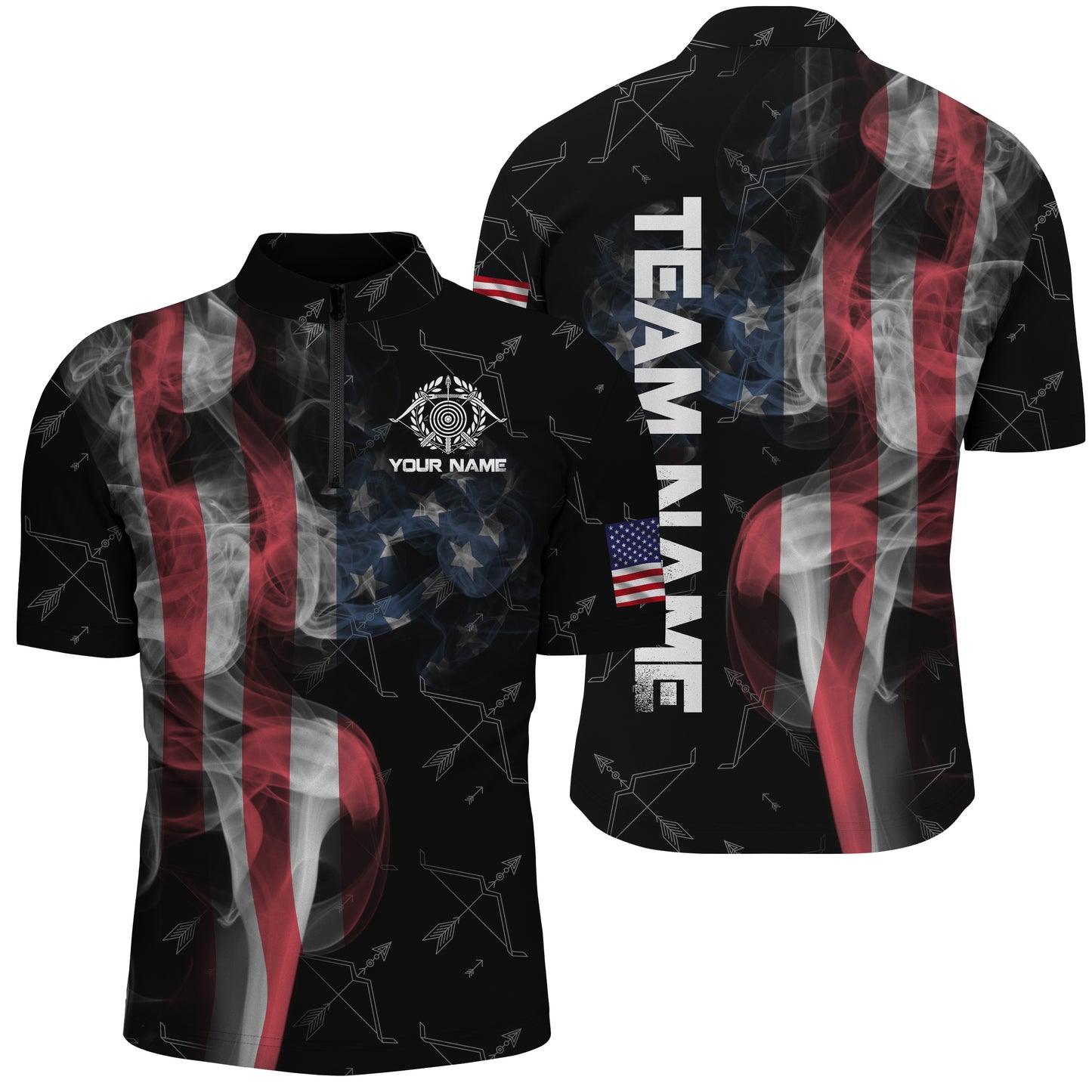 Personalized Vintage Smoke US Flag Archery Quarter-Zip Shirts For Men, Archery Bows Pattern Jerseys VHM0795