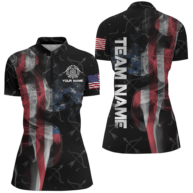 Personalized Vintage Smoke US Flag Archery Quarter-Zip Shirts For Women, Archery Bows Pattern Jerseys VHM0795