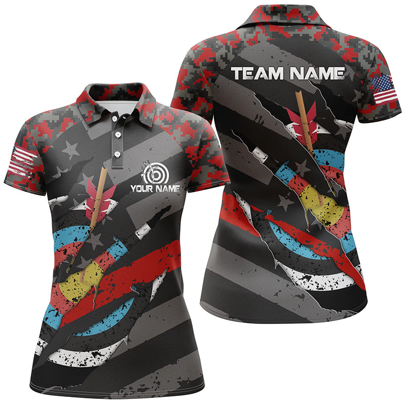 Personalized Red Retro Camo Target Archery 3D Polo Shirts For Women, Custom US Flag Archery Jerseys VHM0675