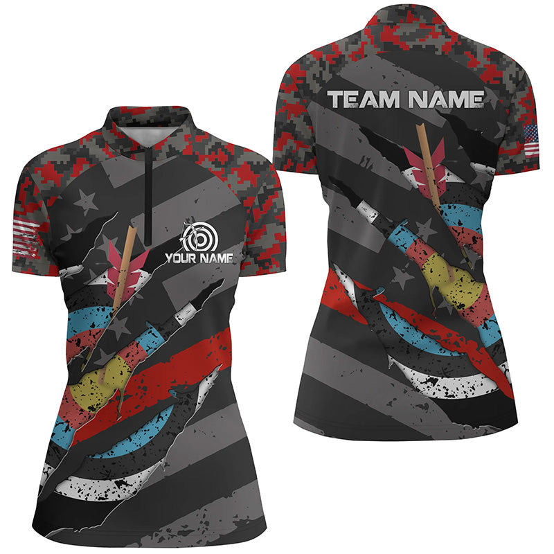 Personalized Red Retro Camo Target Archery 3D Quarter-Zip Shirts For Women, US Flag Archery Jerseys VHM0675