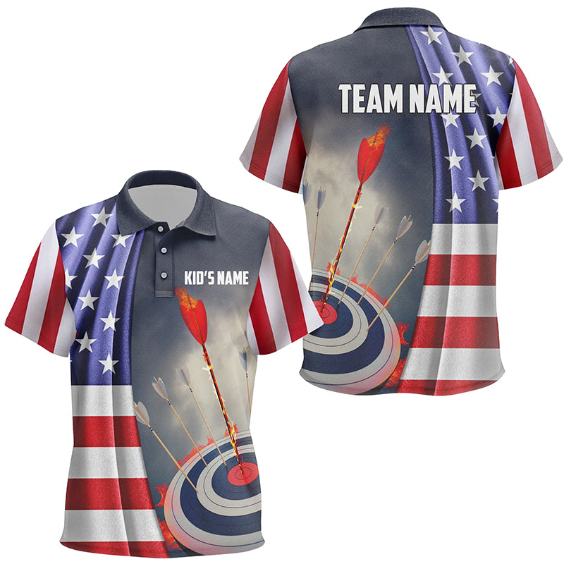 Personalized US Flag Patriotic Archery Polo Shirts For Kids, Flaming Arrow 3D Target Archery Shirts VHM0690