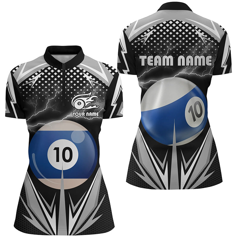 Personalized Thunder Black 10 Ball Billiard 3D Quarter-Zip Shirts For Women, 10 Ball Billiard Jerseys VHM0966