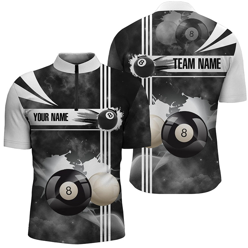 Personalized 8 Ball Pool Black White Billiard Quarter-Zip Shirts For Men, Custom Pool Balls Jerseys VHM0559