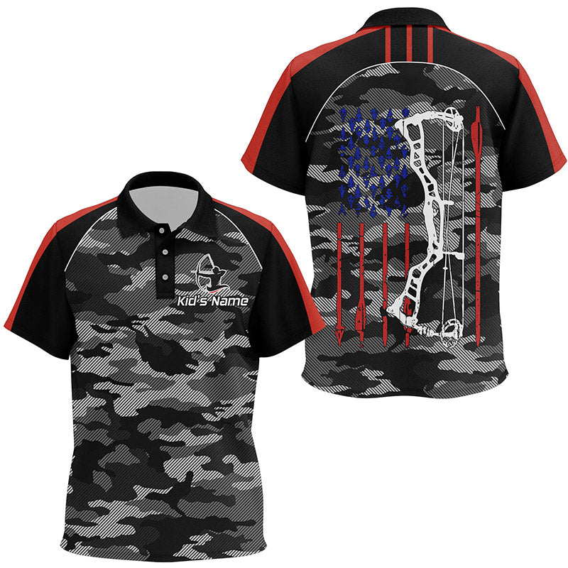 Personalized Camouflage US Flag Archery Polo Shirts For Kids, Grunge American Arrow Archery Jerseys VHM0735