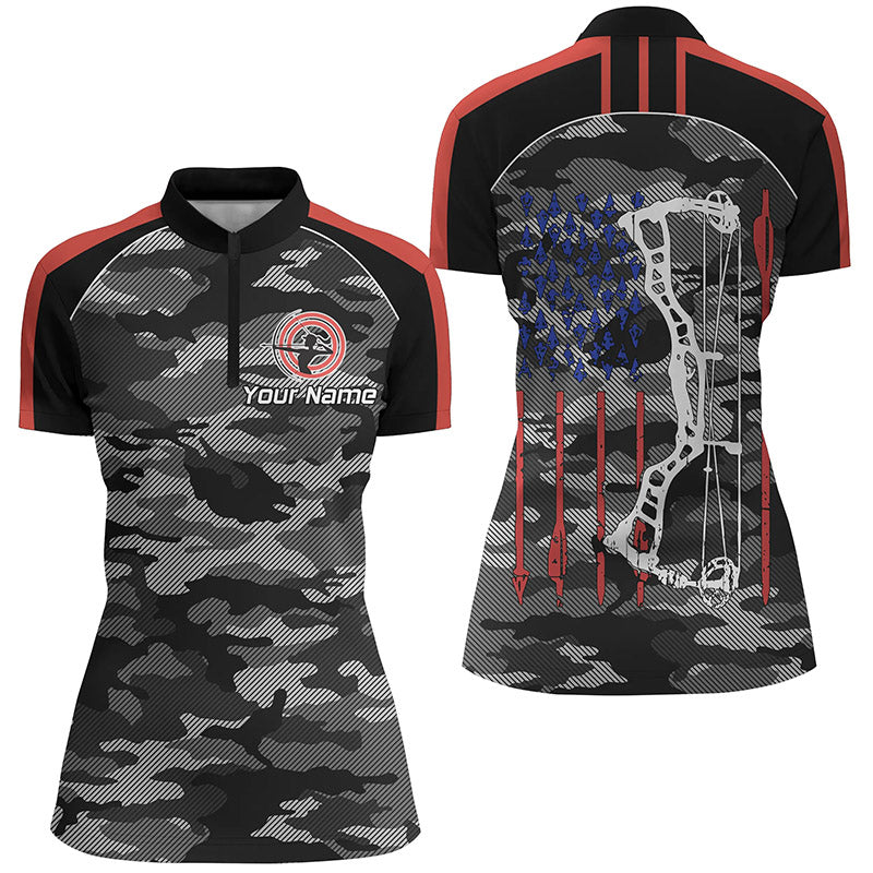 Personalized Camouflage US Flag Archery Quarter-Zip Shirts For Women, American Arrow Archery Jerseys VHM0735