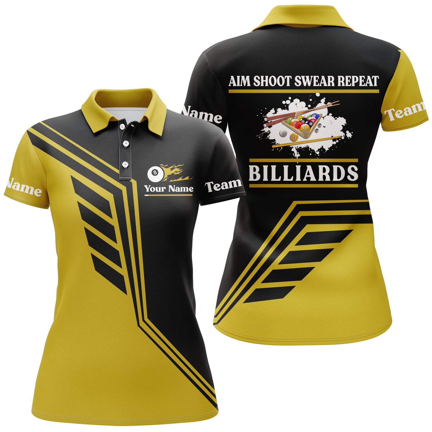 Personalized Aim Shoot Swear Repeat Billiard Polo Shirts For Women, Yellow Black Billiard Jerseys VHM0138