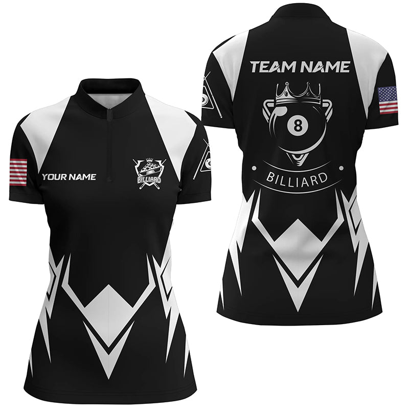 Personalized US Flag 8 Ball Pool Black White Billiard Quarter-Zip Shirts For Women, Billiard Jerseys VHM0582