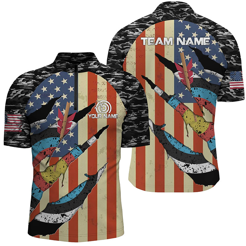 Personalized Retro Camo Target Archery 3D Quarter-Zip Shirts For Men Custom US Flag Archery Jerseys VHM0594
