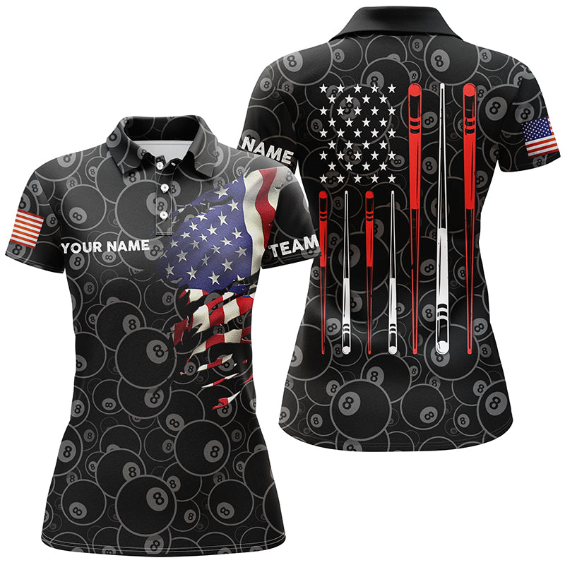 Personalized US Flag 8 Ball Billiard Polo Shirts For Women, Custom US Flag Sticks Billiard Shirts VHM0771