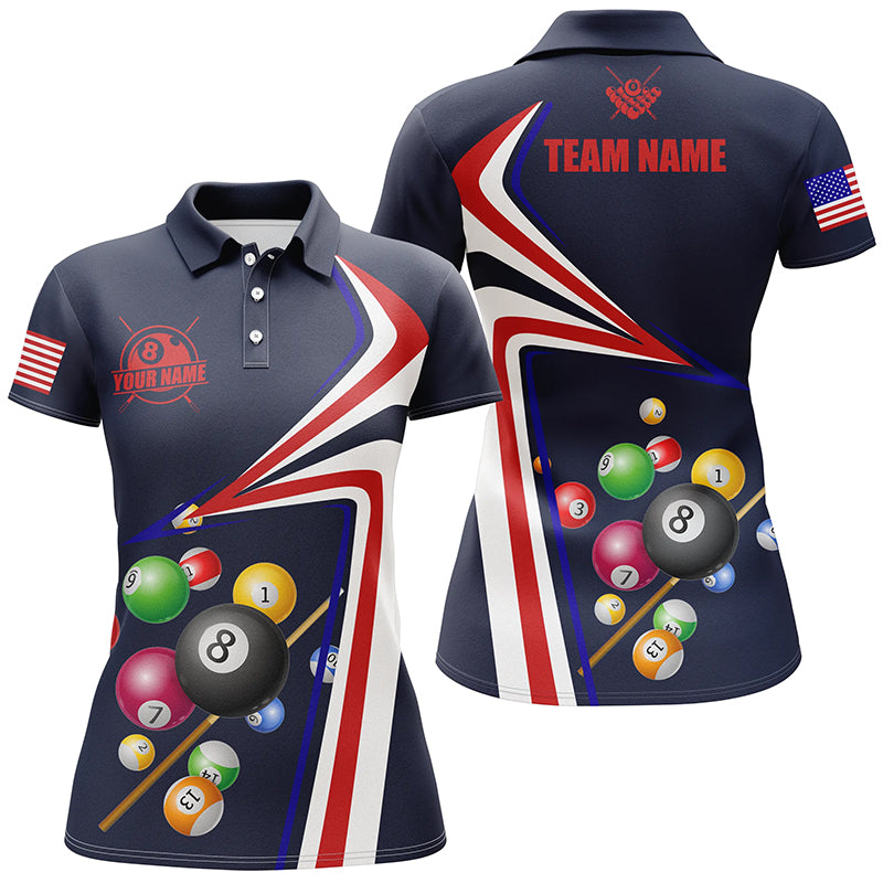 Personalized US Flag Billiard Balls 3D Polo Shirts For Women, Custom 8 Ball Billiards Jerseys VHM0411