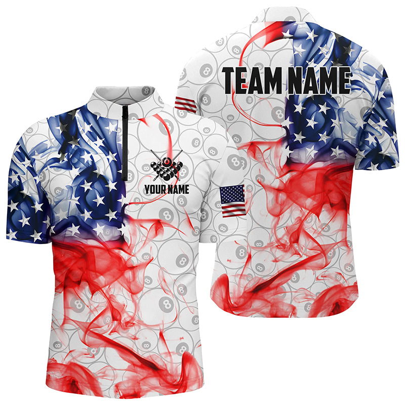 Personalized Vintage Smoke US Flag Billiard Quarter-Zip Shirts For Men, White 8 Ball Pool Jerseys VHM1013