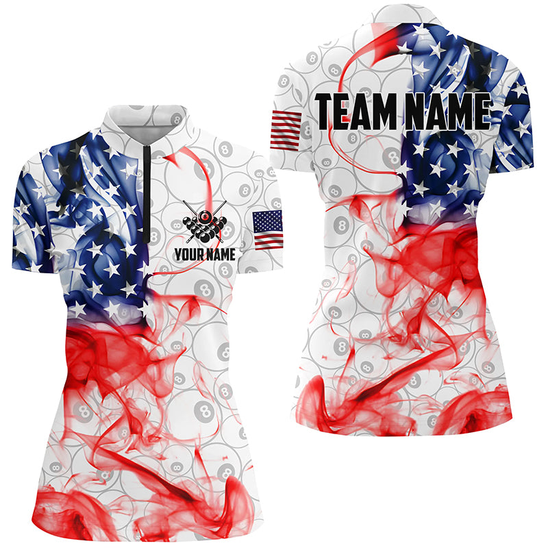 Personalized Vintage Smoke US Flag Billiard Quarter-Zip Shirts For Women, White 8 Ball Pool Jerseys VHM1013