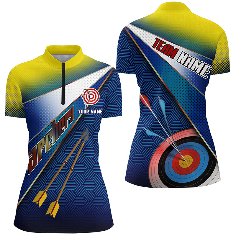 Personalized Yellow Blue 3D Target Archery Quarter-Zip Shirts For Women, Arrows Archery Team Shirts VHM0658