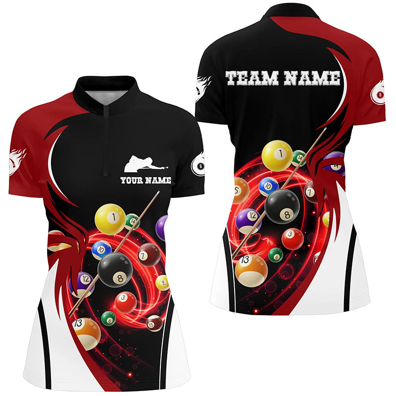 Personalized Billiard Balls 8 Ball Pool Flame Red Black Billiard 3D Quarter-Zip Shirts For Women VHM0475