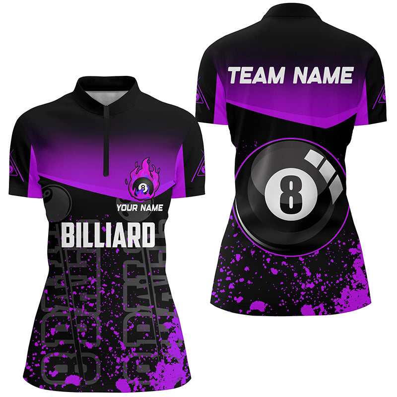 Personalized Purple Fire 8 Ball Pool Billiard Quarter-Zip Shirts For Women, 8 Ball Pool Team Shirts VHM0703
