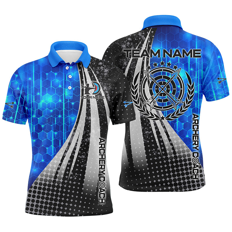 Personalized Blue Black Archery Coach 3D Polo Shirts For Men, Custom Target Archery Team Shirts VHM0708