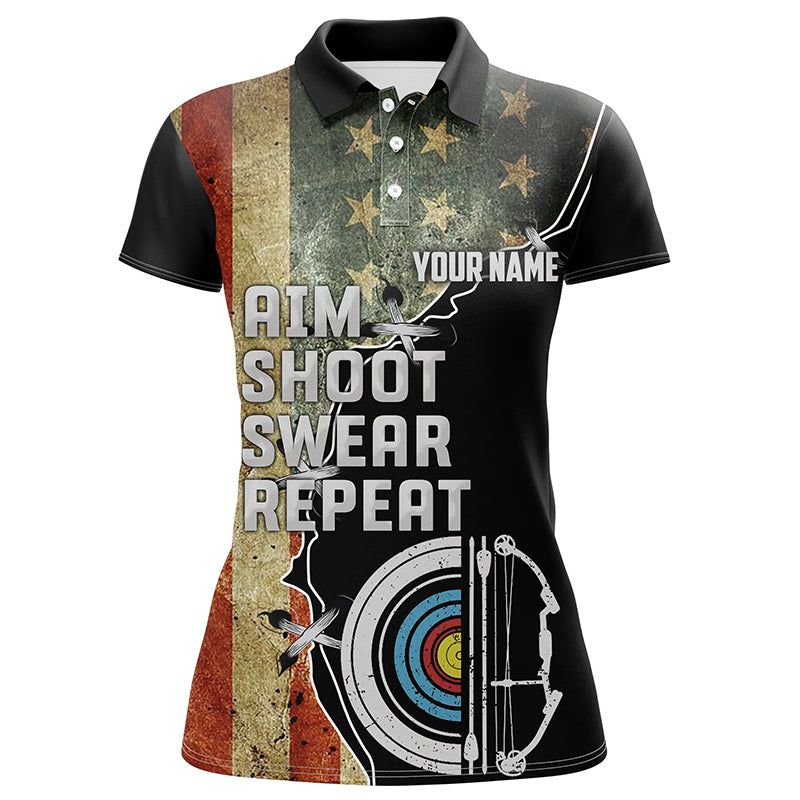 Personalzied Aim Shoot Swear Repeat Archey Polo Shirts For Women, Vintage US Flag Archery Shirts VHM0720