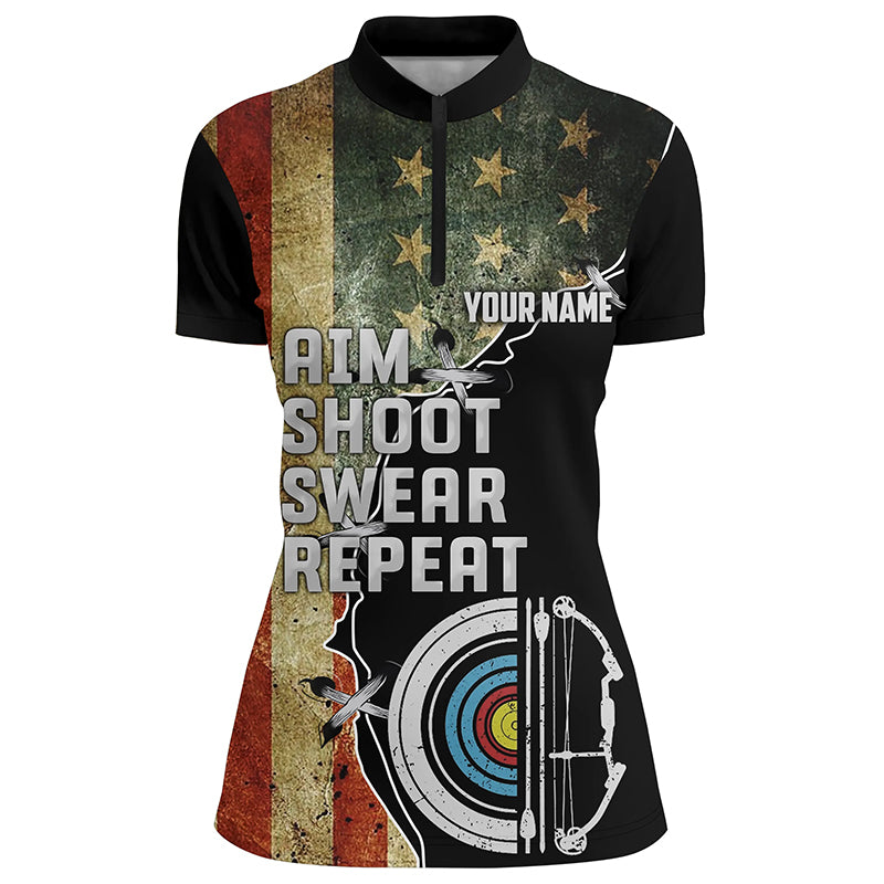 Personalzied Aim Shoot Swear Repeat Archey Quarter-Zip Shirts For Women Custom US Flag Archery Shirts VHM0720
