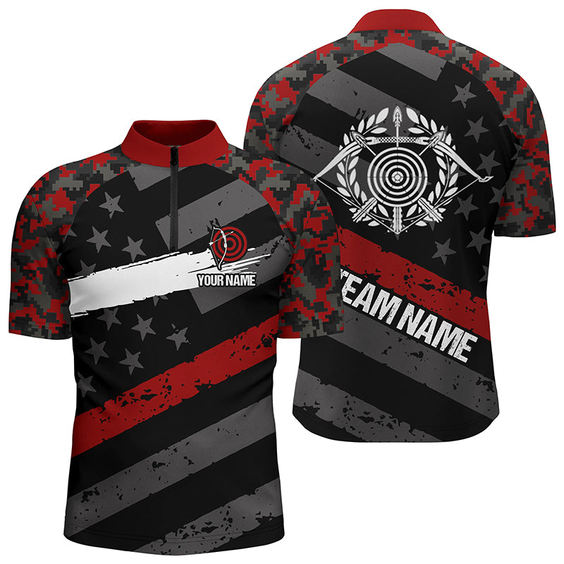 Personalized Red Retro US Flag Archery Quarter-Zip Shirts For Men Custom 3D Targets Archery Jerseys VHM0561