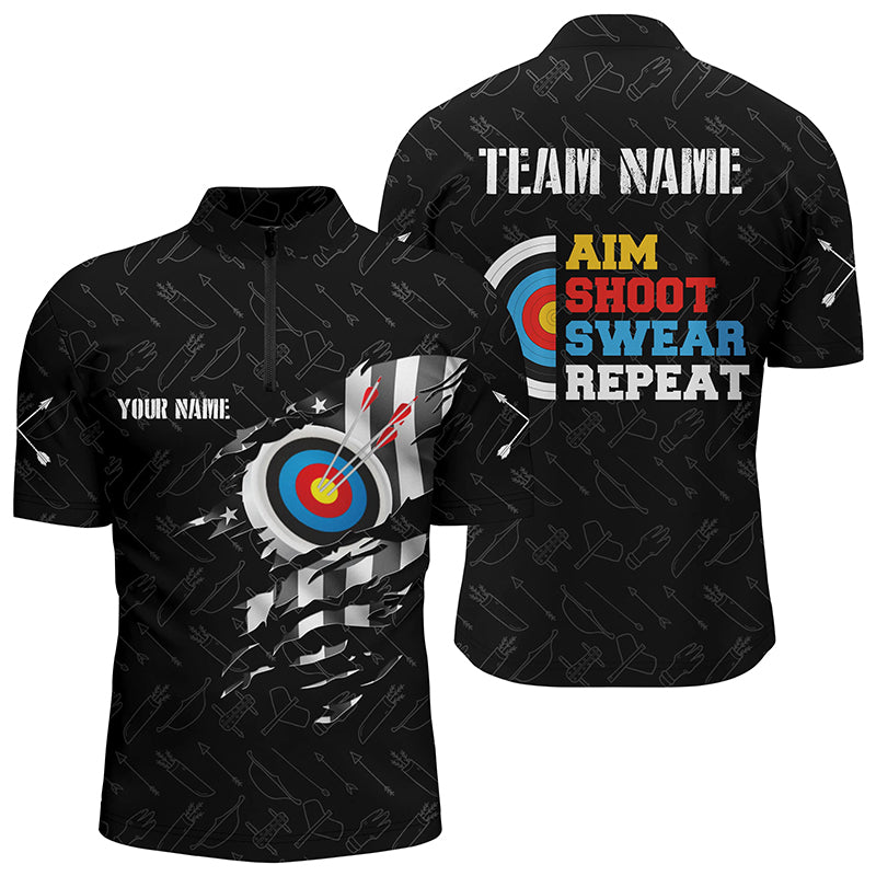 Personalized Aim Shoot Swear Repeat Archery Quarter-Zip Shirts For Men US Flag Arrow Archery Shirts VHM0567