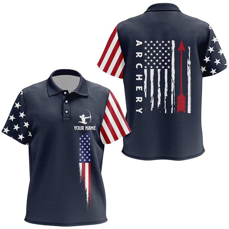 Personalized Navy American Flag Archery Polo Shirts For Kids, Custom Flag Arrow Archery Jerseys VHM0738