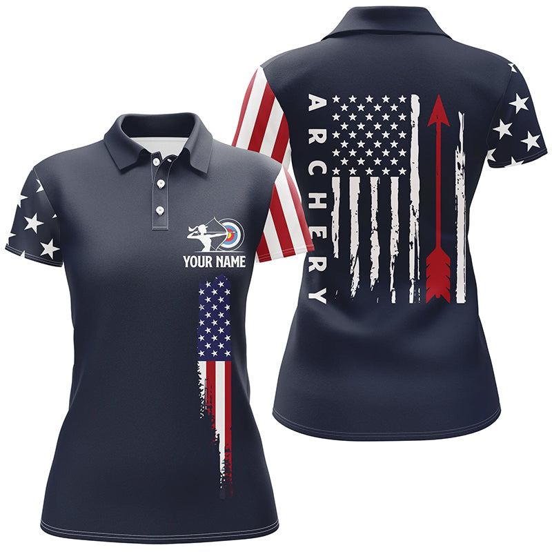 Personalized Navy American Flag Archery Polo Shirts For Women, Custom Flag Arrow Archery Jerseys VHM0738