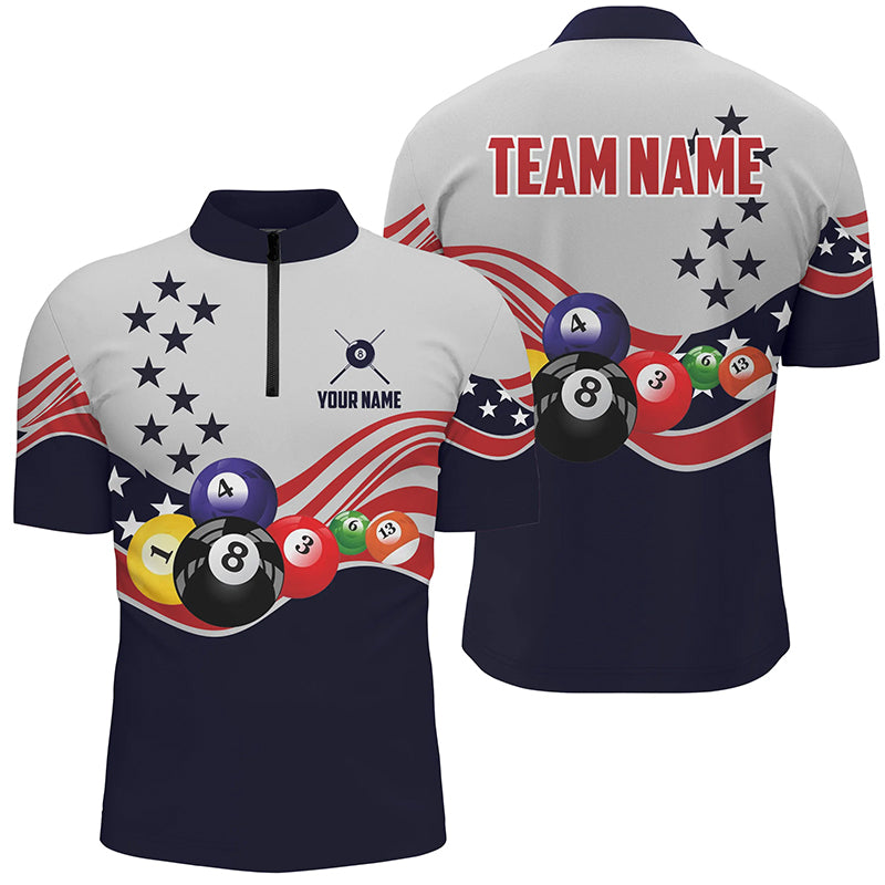Personalized American Flag Billiard Style 3D Quarter-Zip Shirts For Men, 8 Ball Pool Team Jerseys VHM1062