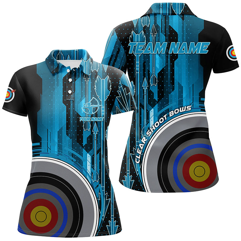 Personalized Vintage Blue 3D Target Archery Polo Shirts For Women, Clear Shoot Bows Archery Shirts VHM0603
