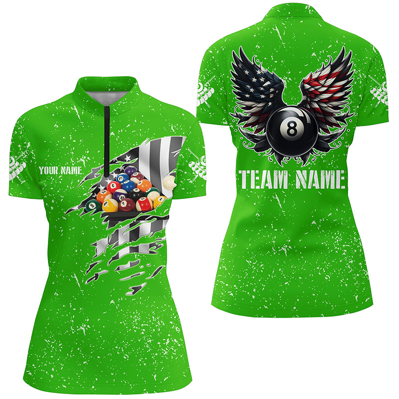 Personalized US Flag Billiard Balls 3D Quarter-Zip Shirts For Women, Green 8 Ball Pool Wings Jerseys VHM1007