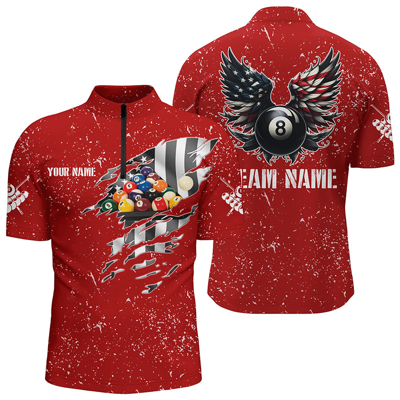 Personalized US Flag Billiard Balls 3D Quarter-Zip Shirts For Men, Red 8 Ball Pool Wings Jerseys VHM1008