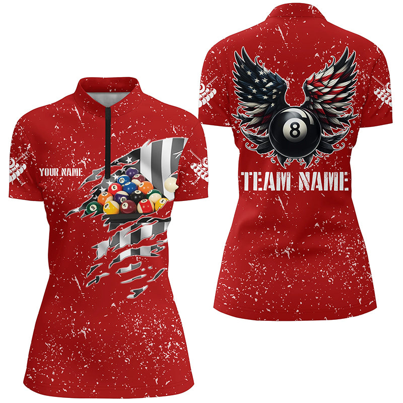 Personalized US Flag Billiard Balls 3D Quarter-Zip Shirts For Women, Red 8 Ball Pool Wings Jerseys VHM1008
