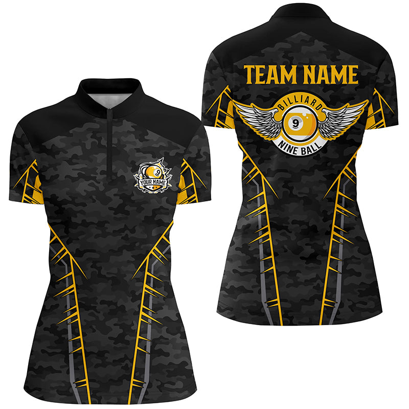 Personalized Camo Yellow 9 Ball Pool Quarter-Zip Shirts For Women, Billiard 9 Ball Team Jerseys VHM0778